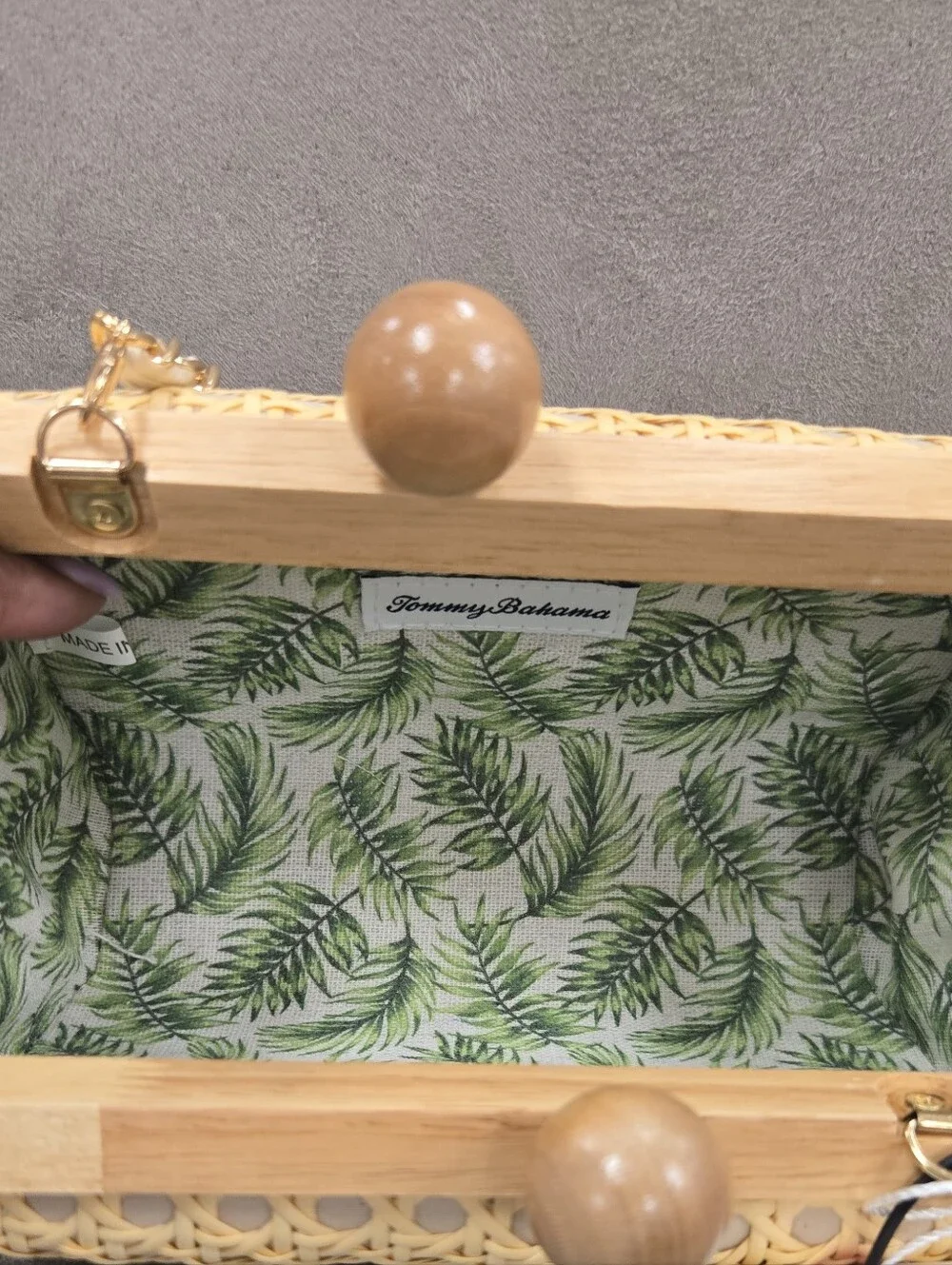 Tommy Bahama Beige Woven Rattan Clutch with Wooden Bead Closure